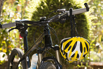 cycling helmet closeup on bicycle outdoors