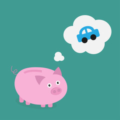 Piggy bank dream about blue car. Think bubble. Flat design