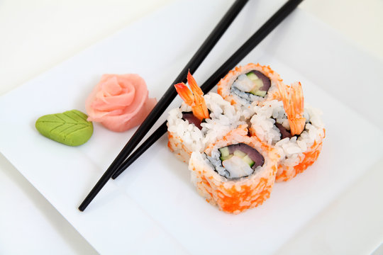 Uramaki tuna and shrimp.  Traditional japanese sushi rolls