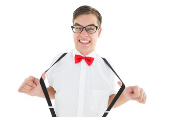 Geeky hipster pulling his suspenders