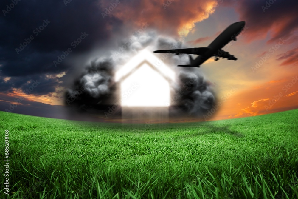 Poster composite image of house in grey cloud with airplane