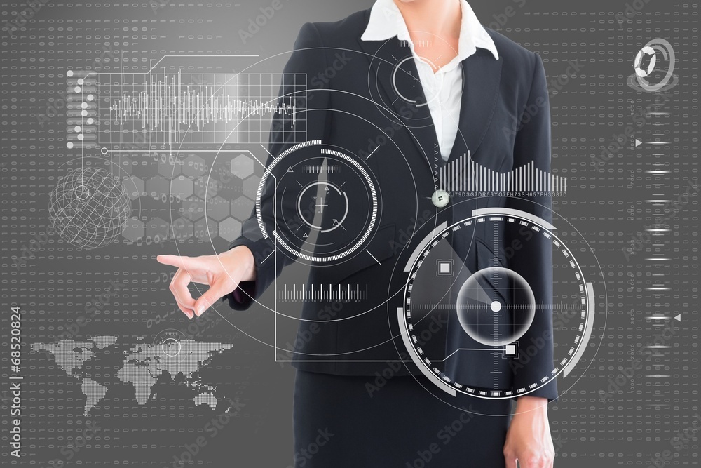 Poster composite image of businesswoman pointing at interface