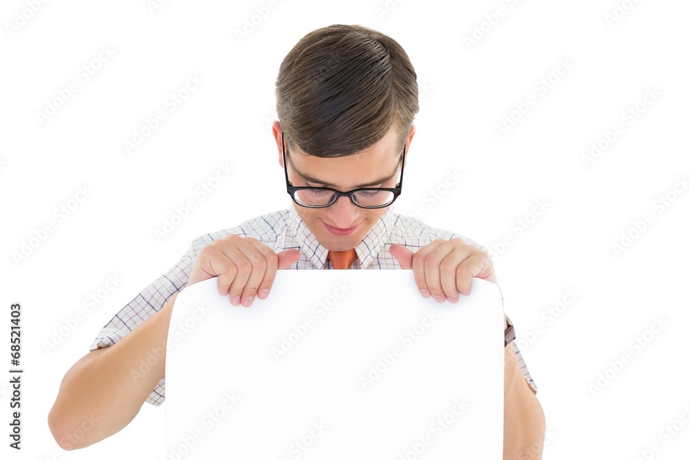 Poster Geeky hipster smiling and showing card