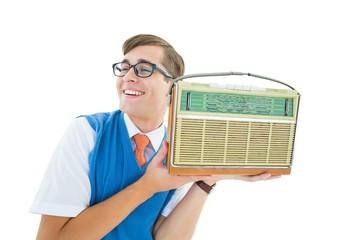 Geeky hipster listening to retro radio