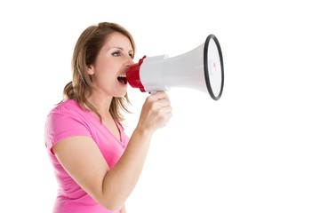 Side view of woman shouting into bullhorn
