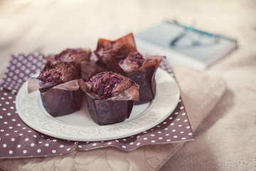 Close up of chocolate muffins on plate