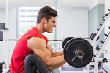 Fototapeta na wymiar Muscular man lifting barbell in gym
