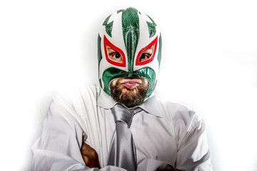 job, aggressive businessman with Mexican warrior mask