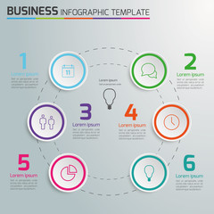 Light info graphic timeline template with icons, circle 6 steps,
