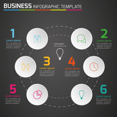 Dark info graphic timeline template with icons, circle 6 steps,