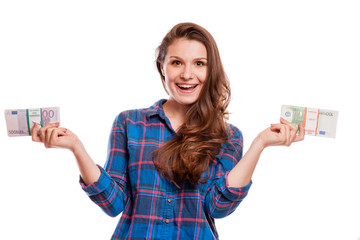 A young woman with dollars in her hands, 