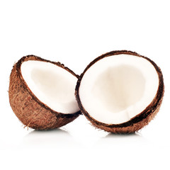 wo halfs of coconut isolated on white with shadow