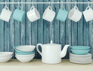 Ceramic kitchenware on the shelf.