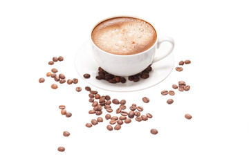 Coffee cup and beans on a white background.