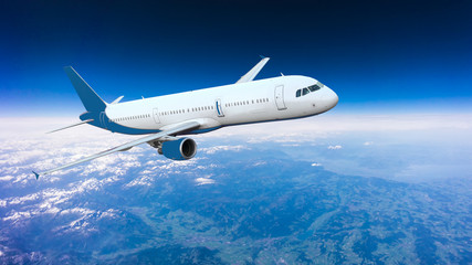 Landscape of Mountain. Airplane in the sky