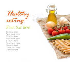 Italian Pasta with vegetables and olive oil on a white backgroun