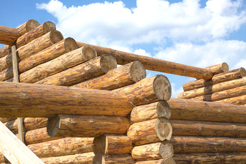 Top of blockhouse. Construction of rural house from logs