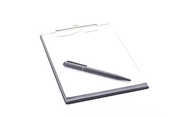 Black clipboard and pen.