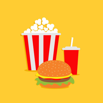 Popcorn, hamburger, soda with straw. Cinema icon in flat dsign