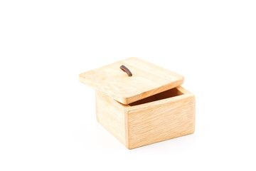 Wooden box with leather hook.