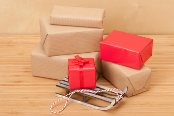 Group Of Wrapped Gift Boxes On Wooden Table