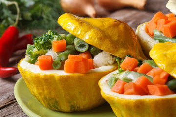 Round yellow squash stuffed with vegetables horizontal