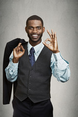 Portrait Confident businessman isolated grey wall background 