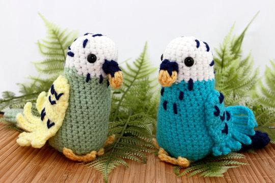 Two Handcrafted Toy Crocheted Parakeet Birds