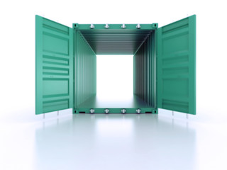 Bright green open empty metal shipping container on white