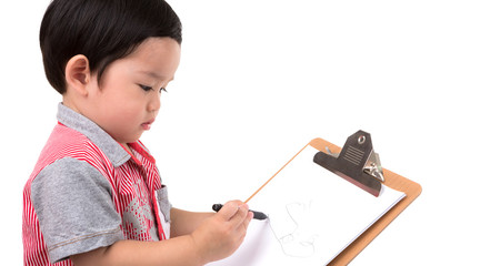 Young boy writing isolated on white background