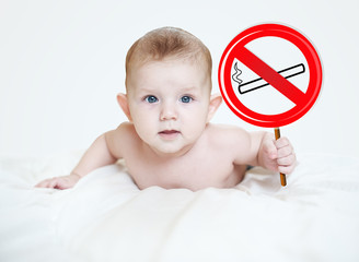 Little child with a sign prohibiting smoking, the concept of 