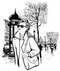 Panele Szklane  Kobieta spacerująca po Champs-Elysees Avenue w Paryżu