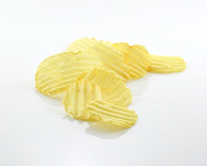 Stack of potato chips on a white background