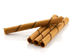 chocolate waffle rolls with chocolate cream,selective focus.