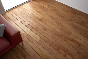 Wooden floor texture with red leather couch