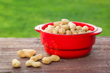 Peanuts on wooden table in the backyard
