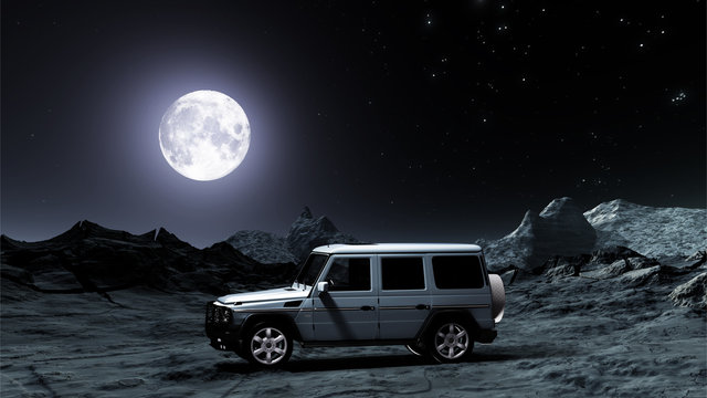 Geländewagen in einer Mondlandschaft bei Nacht