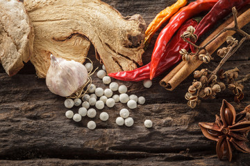 Cooking ingredients on wooden background,spice