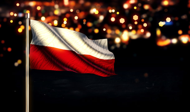 Poland Flag City Light Night Bokeh Background 3D