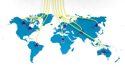 World map with internet multiple access points and cables