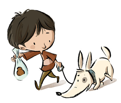ni&ntilde;o paseando on su perro