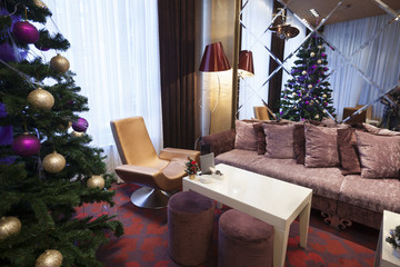 Interior of a hotel lobby with cafe