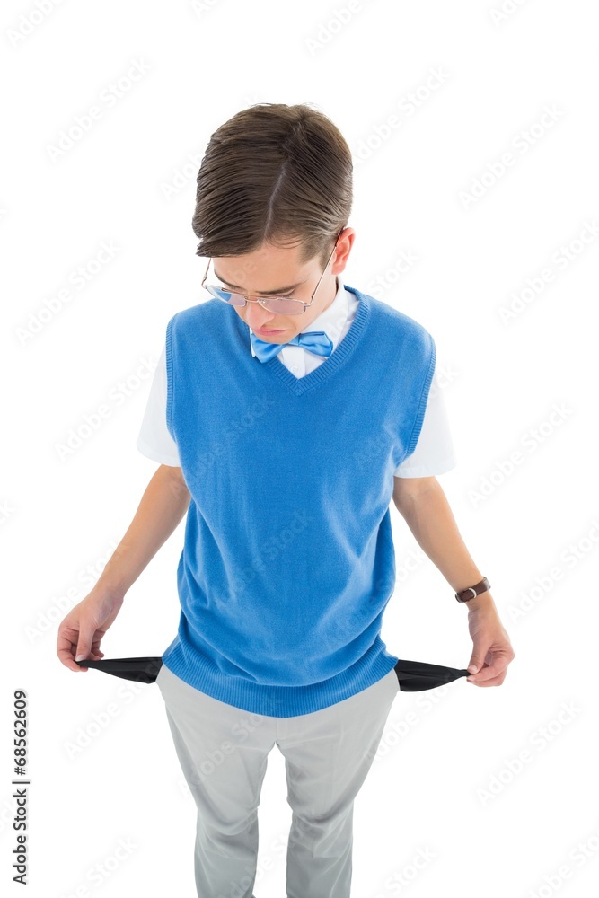 Poster Geeky young hipster showing empty pockets