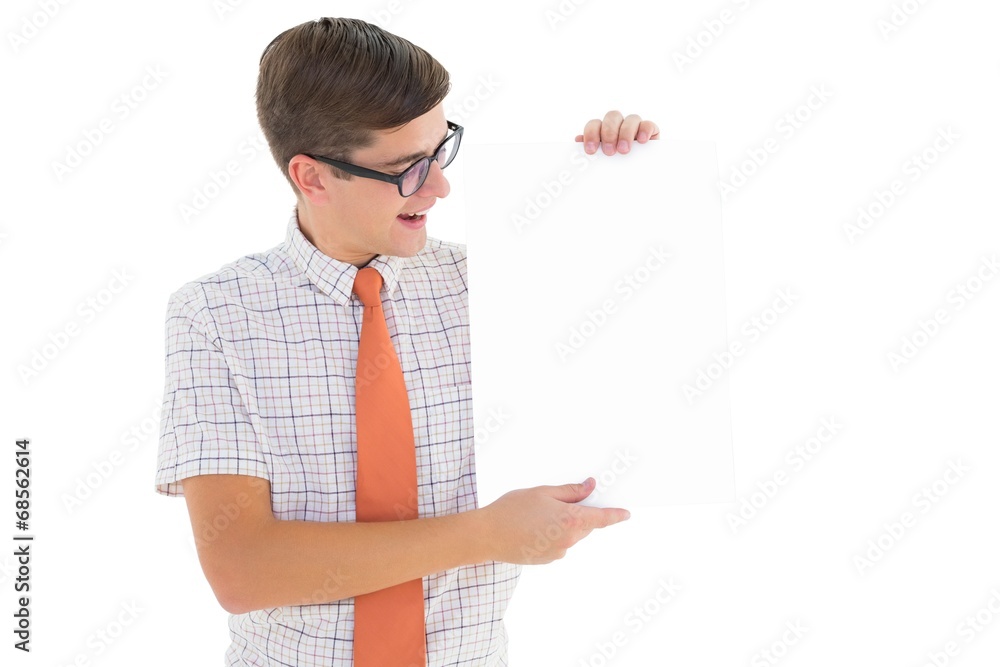 Poster Geeky hipster smiling and showing card