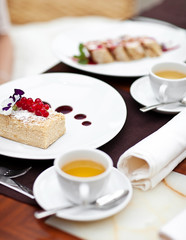 Breakfast with napoleon cake and tea