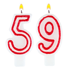 Birthday candles number fifty nine isolated on white background