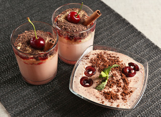 Tasty cherry dessert on table