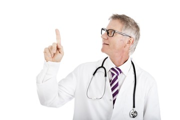 Doctor pointing above his head and looking up