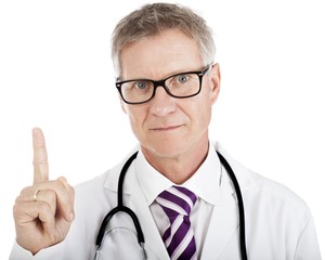Middle-aged doctor pointing above his head