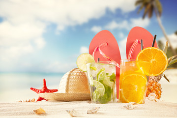 Summer drinks with beach accessories